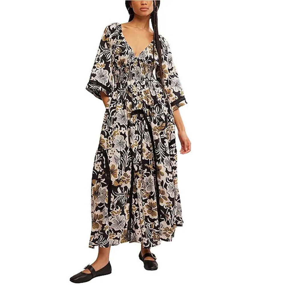 NEW Free People Printed Dixie V Neck 3/4 Sleeve Maxi Dress Size S #3042
